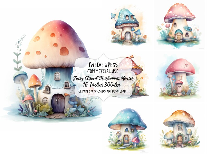 Fairy Watercolor Clipart Mushroom House, Toadstool Fairy Clip Art, Fantasy Clipart Bundle, Junk Journal, Scrapbook, Digital Download, Images image 5