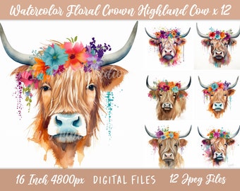 Highland Cow Clipart Floral Crown, 12 Jpgs, Card Making, Wall Art, Junk Journal, Scrapbook Images, Heifer Clipart, Digital Download, Collage