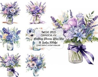 Blue Purple Wild Flower Watercolor Clipart, Wedding Floral Clip Art 12 JPGs - Commercial Use, Junk Journals, Wall Art, Digital Download,
