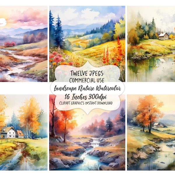 Watercolor Landscape Clipart, Landscape Printable Wall Art, Art Print, Digital Art, Digital Download, Commercial Use, Card Making, Crafting