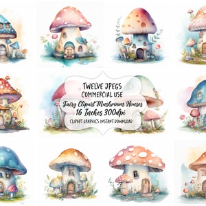 Fairy Watercolor Clipart Mushroom House, Toadstool Fairy Clip Art, Fantasy Clipart Bundle, Junk Journal, Scrapbook, Digital Download, Images image 3
