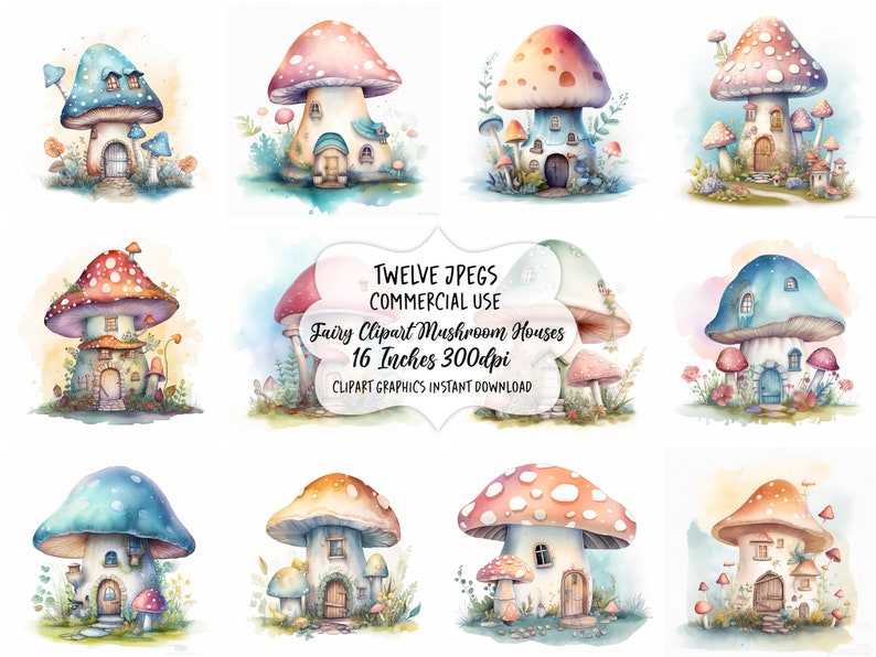 Fairy Watercolor Clipart Mushroom House, Toadstool Fairy Clip Art, Fantasy Clipart Bundle, Junk Journal, Scrapbook, Digital Download, Images image 3