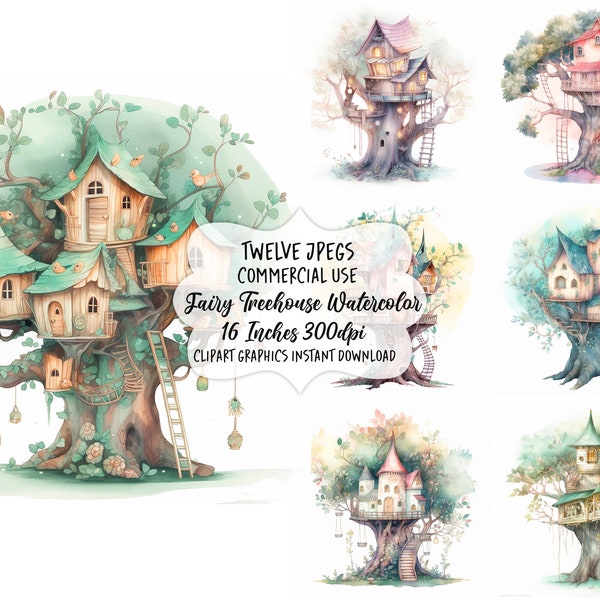 Fairy Clipart Watercolor Treehouse - 12 JPGs - Nursery Wall Art, Card Making, Junk Journal, Paper Craft, Digital Download, Scrapbook, Art