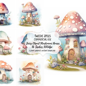 Fairy Watercolor Clipart Mushroom House, Toadstool Fairy Clip Art, Fantasy Clipart Bundle, Junk Journal, Scrapbook, Digital Download, Images image 1