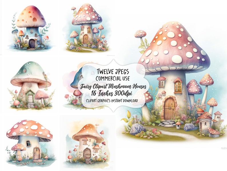 Fairy Watercolor Clipart Mushroom House, Toadstool Fairy Clip Art, Fantasy Clipart Bundle, Junk Journal, Scrapbook, Digital Download, Images image 1