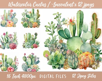 Watercolor Cactus Clipart, Desert Cacti, Succulent Clip Art,  12 JPGs - Instant Download, Commercial Use, Card Making, Digital Paper Craft