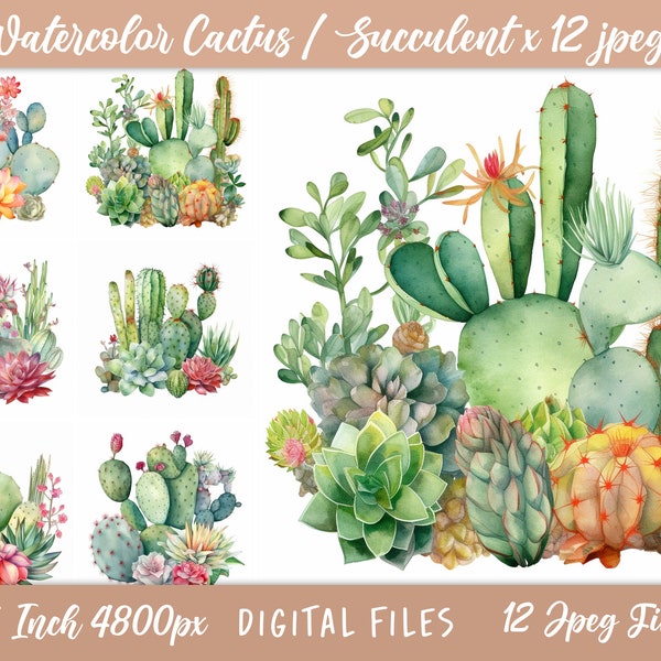 Watercolor Cactus Clipart, Desert Cacti, Succulent Clip Art,  12 JPGs - Instant Download, Commercial Use, Card Making, Digital Paper Craft