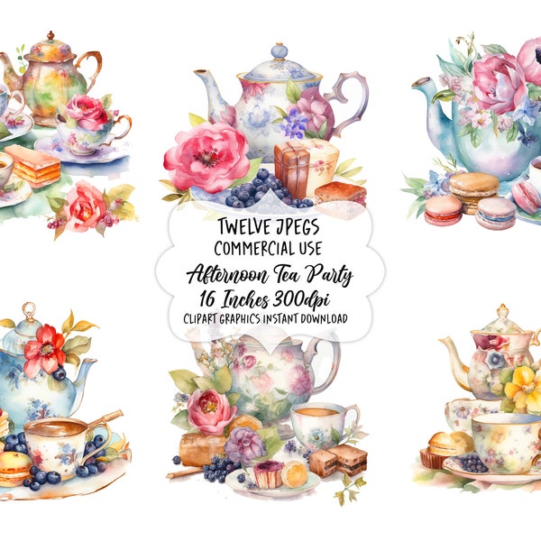 Afternoon Tea Party Clipart, Tea Time Clip Art, High Tea, Commercial Use, Digital Download, Invitation, Digital Craft, Scrapbook, Printable