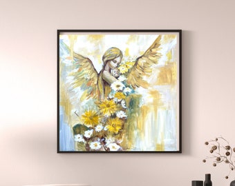 Angel Child Mother Love Framed Painting Canvas Wall Art | Stretched Canvas Acrylic Wall Decor Gift | Memorial Mother Love Original Art Print