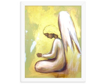 Spiritual Christian Angel Praying Framed Painting Art | Original Painting Fine Art Print for Room Décor | Vintage Acrylic Angel Wing Artwork