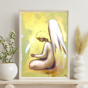 Original Angel Praying Fine Art Print for Room Décor | Spiritual Christian Framed Painting Art | Vintage Handmade Acrylic Angel Wing Artwork