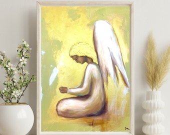 Original Angel Praying Fine Art Print for Room Décor | Spiritual Christian Framed Painting Art | Vintage Handmade Acrylic Angel Wing Artwork