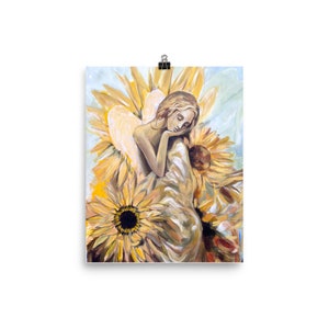angel. Golden Slumber. angel art. original art print. fine art print. angel wings. sunflower. sunflower art. wall art.