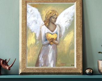 Guardian Angel Heart Painting Prints Art | Handmade Spiritual Angel Print for Gift | Minimalist Unique Wall Art for Home Décor