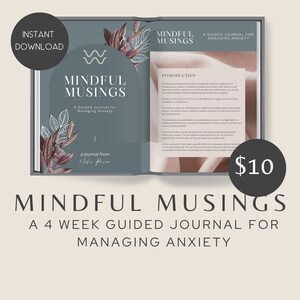 May include: A teal blue and pink journal cover with the title "Mindful Musings: A Guided Journal for Managing Anxiety". The journal is open to reveal an introduction page with text about the journal's purpose and a price tag of £10.