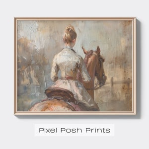 Classical Woman on Horseback Canvas Digital Art | Female Rider in Countryside Scene Digital Print A26