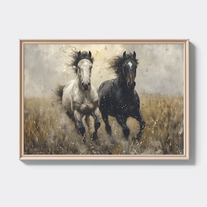 Black and White Stallion in Motion Digital Print Sunset Dynamic Sprint Horses Wall Art Print A43