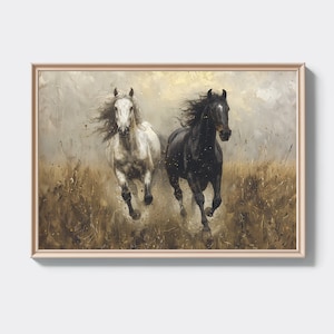 Two Horses Charging Through Golden Meadow Oil Painting Digital Print Running Stallion Digital Print A41