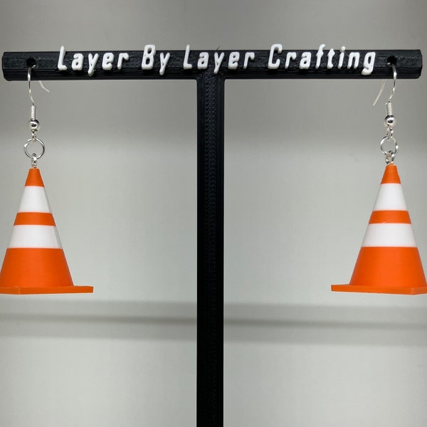 Novelty Traffic Cone Earrings - 3D Printed Funky Orange and White Stripe Statement Jewelry for Unique Accessory Lovers