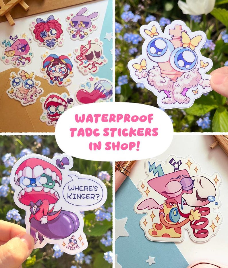 Pode incluir: Uma cole&ccedil;&atilde;o de autocolantes de vinil coloridos com personagens de desenhos animados de olhos grandes, incluindo uma pe&ccedil;a de xadrez com borboletas, uma criatura com um bal&atilde;o de fala que diz WHERE'S KINGER? e v&aacute;rias figuras com tons rosa e roxo.