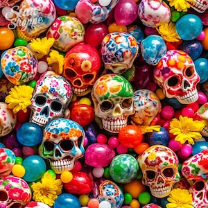Puede incluir: Un surtido colorido de caramelos y calaveras de azúcar, una decoración popular para el Día de Muertos. Las calaveras están decoradas con colores brillantes y diseños intrincados.