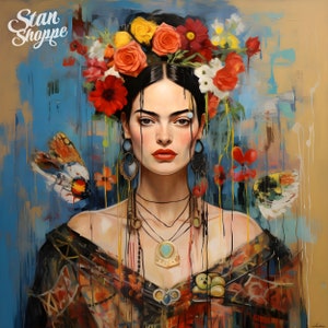 La gracia de la Virgen: retrato digital de una impresionante mujer latina, de ojos encantadores y penetrantes, coronada con un ramo de flores en el pelo