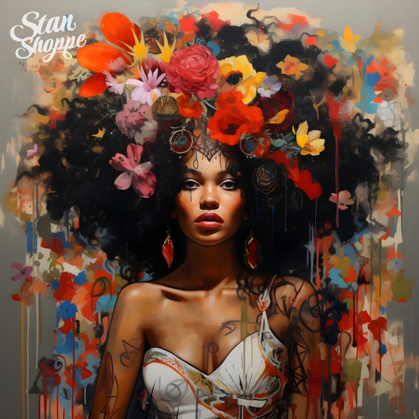 Wildflower Beauty: Digital Portrait of an African American Vision, Crowned with a Lush Afro and Adorned by a Riot of Colorful Blossoms