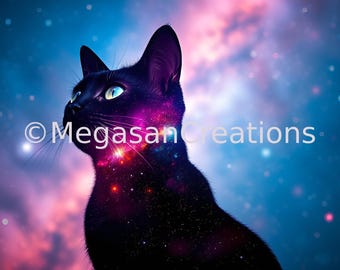 Cosmic Cat Starlight - Galaxy Cat Digital Art, Space-Themed Animal Artwork, Celestial Feline Print, Nebula Wall Decor