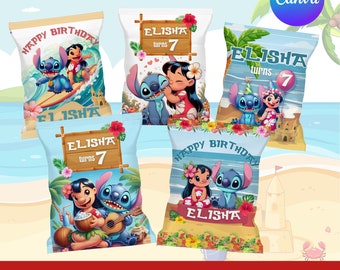 Lilo en Stitch Chipzakjes | Stitch feestzakjes | Canva-sjabloon | Afdrukbare Stitch Chip-zakjes | Feestzakjes | Aanpasbare chipszakken