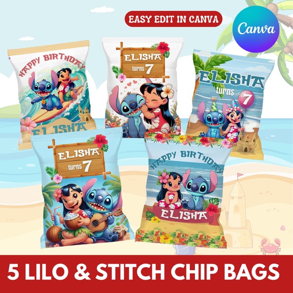 Lilo and Stitch Chip Bags | Stitch Party Bags | Canva Template | Printable Stitch Chip Bags | Party Bags  | Customizable Chip Bags