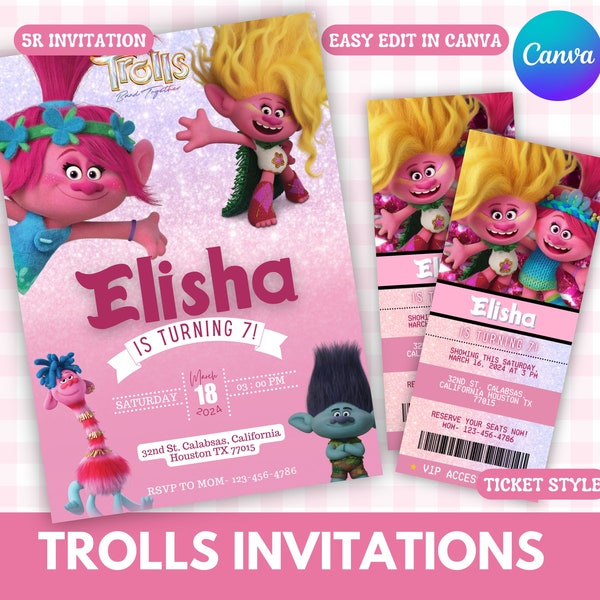 Trolls Poppy Printable birthday invitation, Editable trolls Invite, Electronic invitation, poppy Invite template, Trolls Birthday, Set of 2