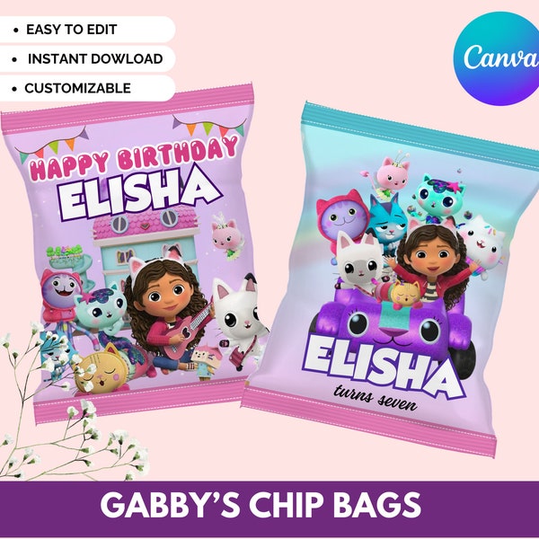 Gabby's Dollhouse Chip Bag, Gabby's Dollhouse Party Treats - Party Favors - Chip Bags, Canva Template, Gabby's Birthday, Dollhouse Birthday