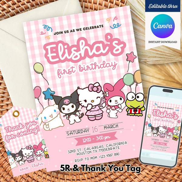 Customizable Kitty Birthday Invitation, Kitty Party Thank You Tag, Kitty Birthday Theme, Kawaii Kitty Invitation, Editable Canva Template