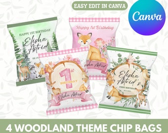 Woodland Theme Chip Bags | Editable Woodland Chip Bag Template | Party Bag Template | Woodland Theme | Canva Template | Woodland Party Bags