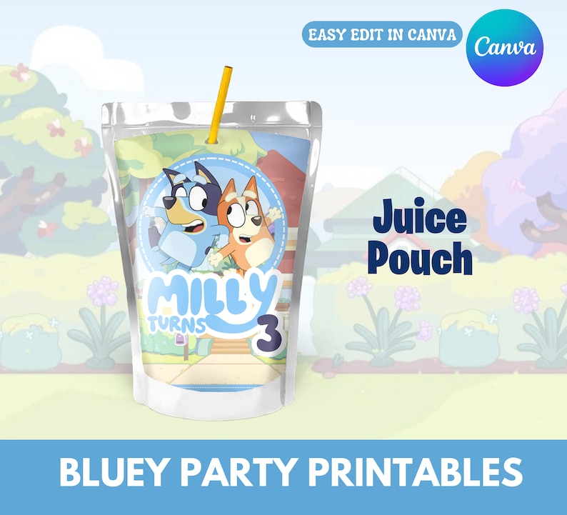 Imprimibles de Bluey Mega Party Bundle, bolsa de chips, Krispies de arroz, botella de agua, bolsa de jugo, plantilla personalizable de Canva, bolsas de favor de fiesta imagen 3