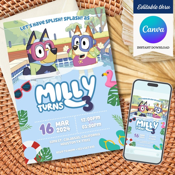 Anpassbare Bluey-Geburtstagseinladung, Bluey & Bingo-Geburtstagseinladung, Bluey-Poolparty, Kindergeburtstagseinladung, Poolparty, digitale Vorlage