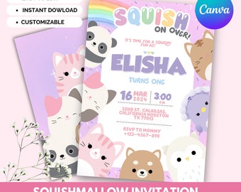 Aanpasbare Squishmallows verjaardagsfeestje uitnodiging, digitale download, Squishmallows thema verjaardagsfeest uitnodiging, Canva sjabloon