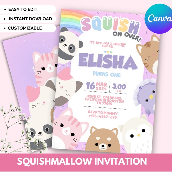 Invitación personalizable a la fiesta de cumpleaños de Squishmallows, descarga digital, invitación a la fiesta de cumpleaños temática de Squishmallows, plantilla Canva