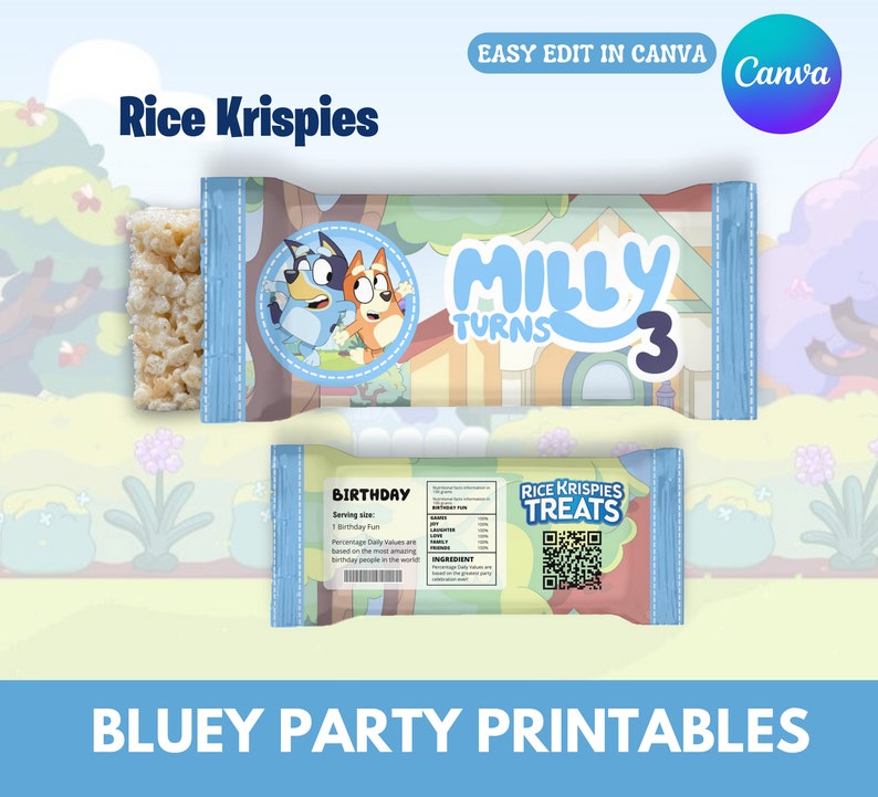 Imprimibles de Bluey Mega Party Bundle, bolsa de chips, Krispies de arroz, botella de agua, bolsa de jugo, plantilla personalizable de Canva, bolsas de favor de fiesta imagen 4