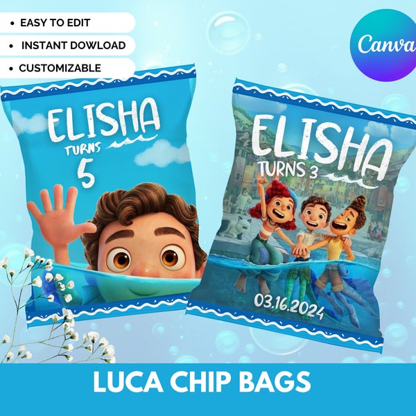 Customizable Luca birthday Chip Bag, Luca Chip Bag Label, Luca Chip Label, Luca favor Bags, Luca birthday printables, Canva Template