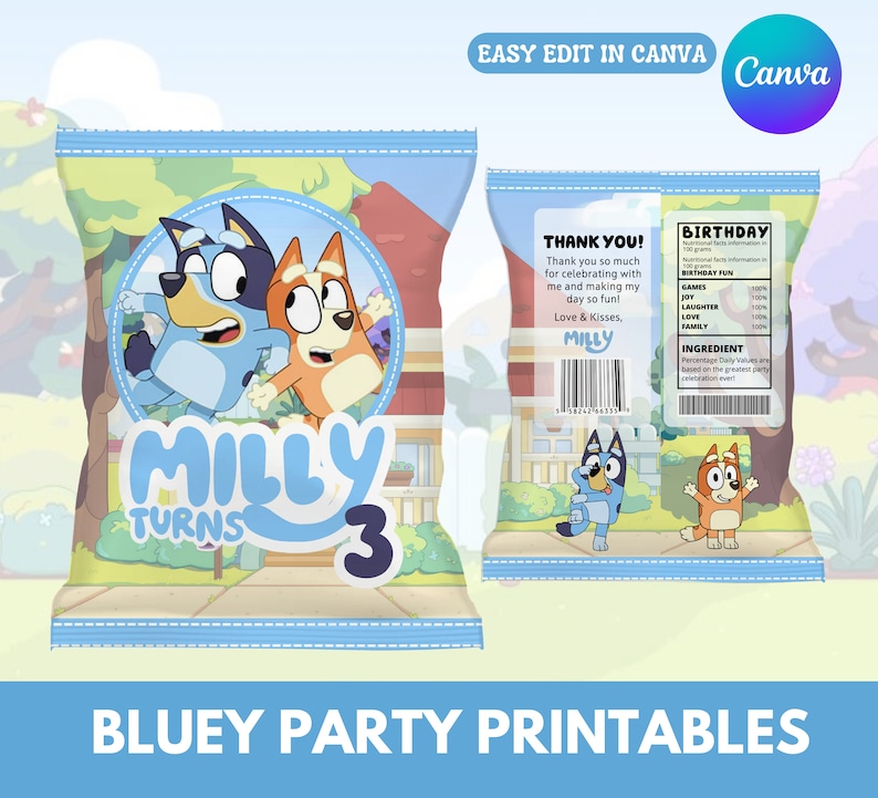 Bluey Mega Party Bundle Printables, Chip Bag, Rice Krispies, Water Bottle, Juice Pouch, Canva Customizable Template, Party Favor Bags image 2