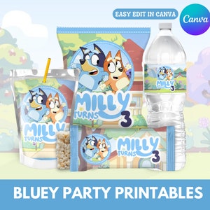 Imprimibles de Bluey Mega Party Bundle, bolsa de chips, Krispies de arroz, botella de agua, bolsa de jugo, plantilla personalizable de Canva, bolsas de favor de fiesta imagen 1