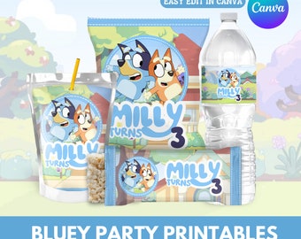 Imprimibles de Bluey Mega Party Bundle, bolsa de chips, Krispies de arroz, botella de agua, bolsa de jugo, plantilla personalizable de Canva, bolsas de favor de fiesta