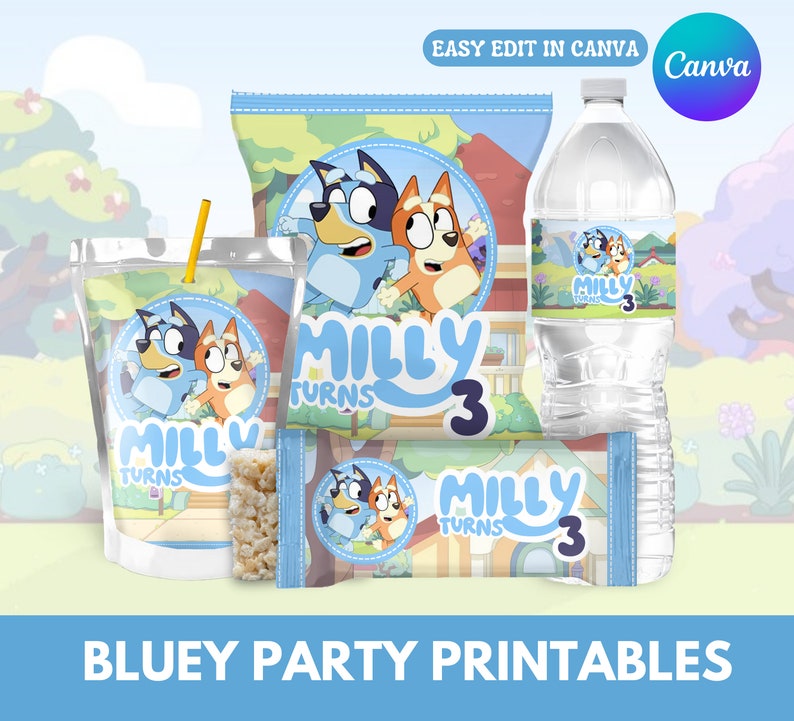 Imprimibles de Bluey Mega Party Bundle, bolsa de chips, Krispies de arroz, botella de agua, bolsa de jugo, plantilla personalizable de Canva, bolsas de favor de fiesta imagen 1