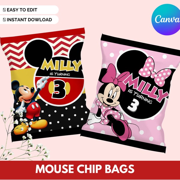 Mouse Chip Bag, Minnie Chip Bags, Mouse Party Favor Bags, Mickey-Minnie Chip Bags, Canva Customizable Template, Mouse Birthday Printables