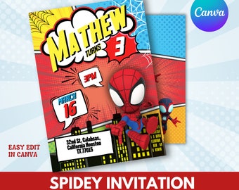 Invitación de cumpleaños imprimible / Invitación de Spidey, Invitación de cumpleaños de Spidey y sus increíbles amigos, invitación editable / Plantilla Canva