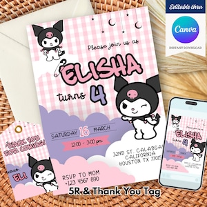 Customizable Kawaii Birthday Invitation, Kawaii Party Thank You Tag, Kuro-mi Birthday Theme, Editable Canva Template image 1