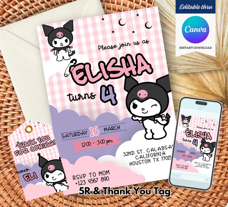 Customizable Kawaii Birthday Invitation, Kawaii Party Thank You Tag, Kuro-mi Birthday Theme, Editable Canva Template image 1