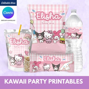 Editable Kawaii Party Printables, Kitty Party Printables, San-rio Birthday, Kitty chip Bags Juice Pouch Rice Krispies water Labels, Canva