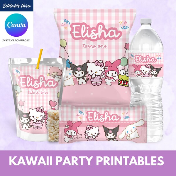 Bewerkbare Kawaii Party Printables, Kitty Party Printables, San-rio Verjaardag, Kitty chip Bags Juice Pouch Rice Krispies waterlabels, Canva